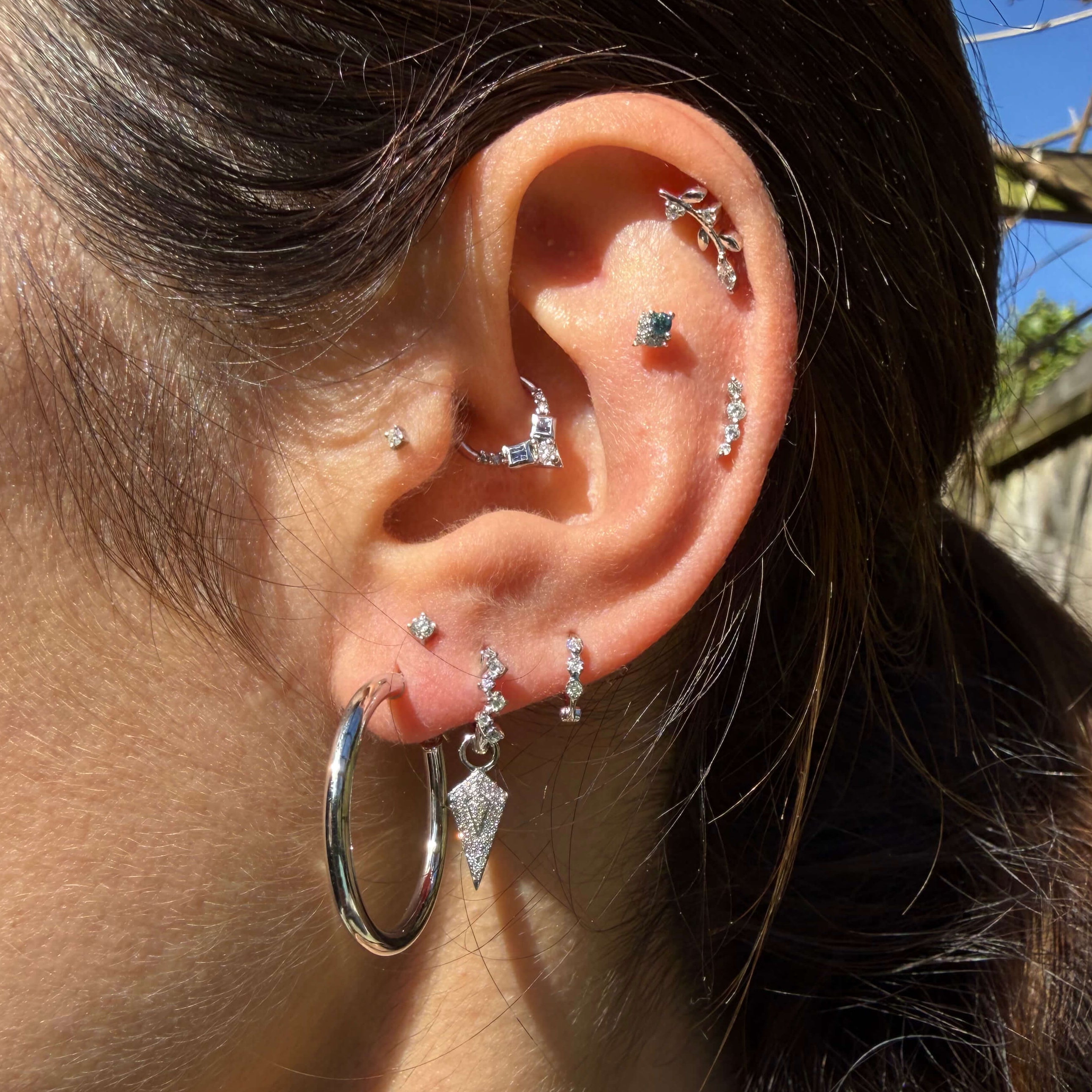 solid white old hoops and cartilage studs