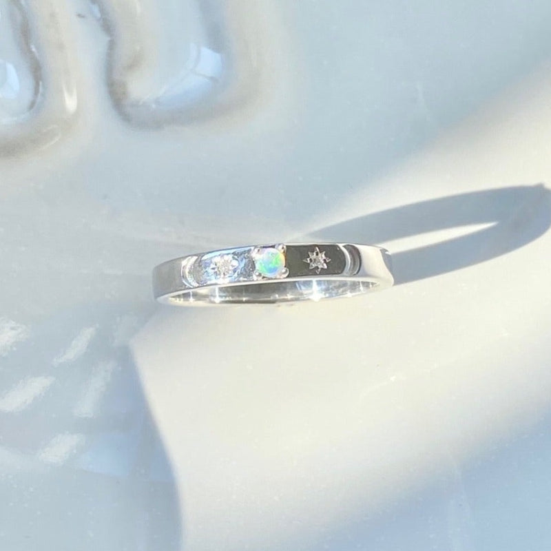 Celestial White Sapphire & Opal Band Ring Sterling Silver