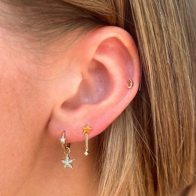 Star & Diamond Chain Stud Earring Pair 9k Gold