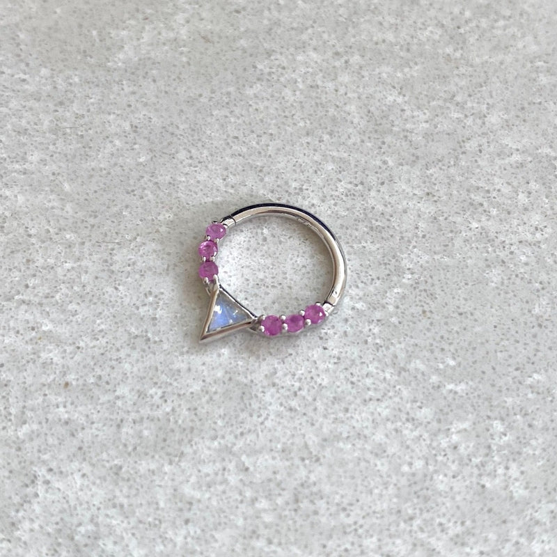 Moonstone & Pink Sapphire Daith Hoop 9k White Gold