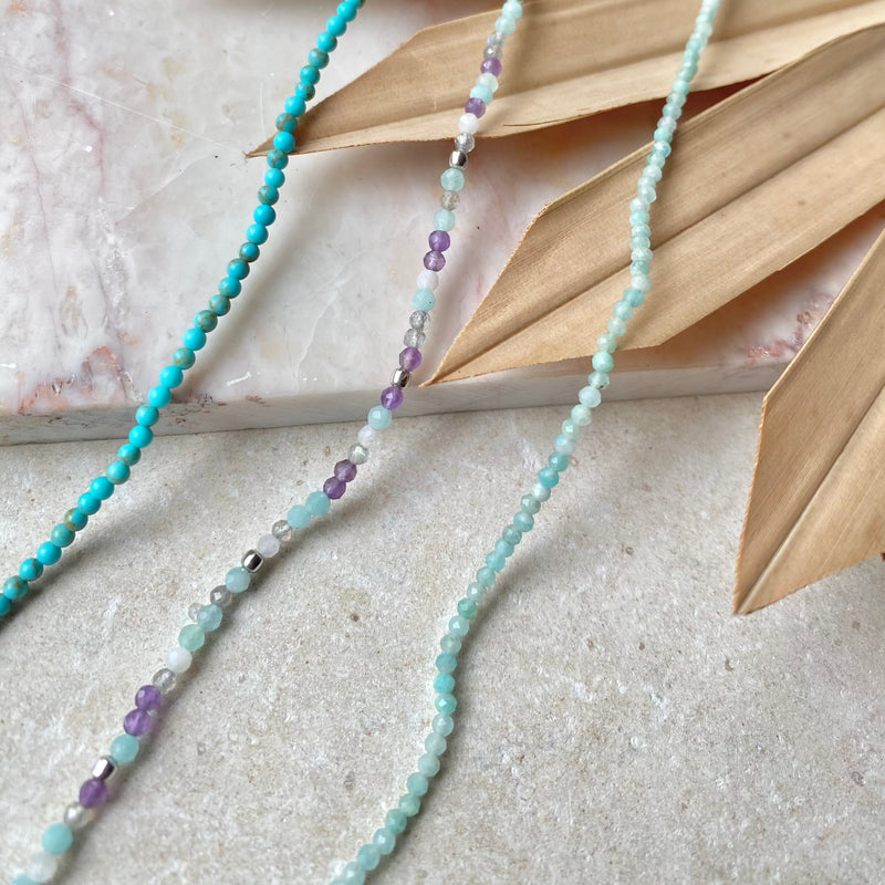 silver anklets displayed including the Amazonite, Labradorite & Amethyst Beaded Anklet Sterling Silver