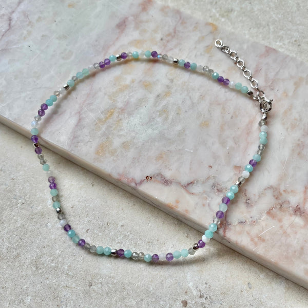 Amazonite, Labradorite & Amethyst Beaded Anklet Sterling Silver on marble surface