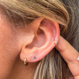 model wearing Mini Tanzanite Solitaire Flat Back Earring 9k Gold on second lobe piercinig