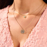 close up of model solid gold necklaces including the Labradorite & Diamond Eye Coin Necklace 9k Gold
