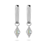 Pair of silver earrings with diamond-shaped pendants on a white background