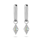 Pair of silver earrings with diamond-shaped pendants on a white background
