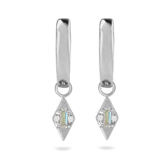 Pair of silver earrings with diamond-shaped pendants on a white background