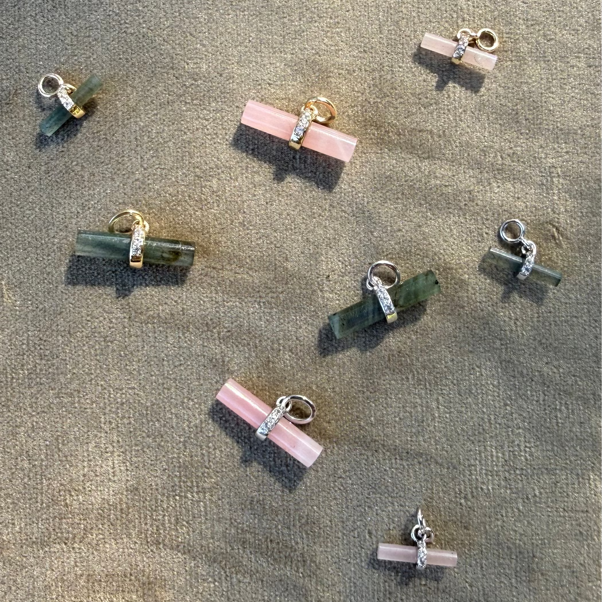 Labradorite T-Bar Earring Charm Sterling Silver along with the guava quartz pendant and charm in solid gold and sterling silver