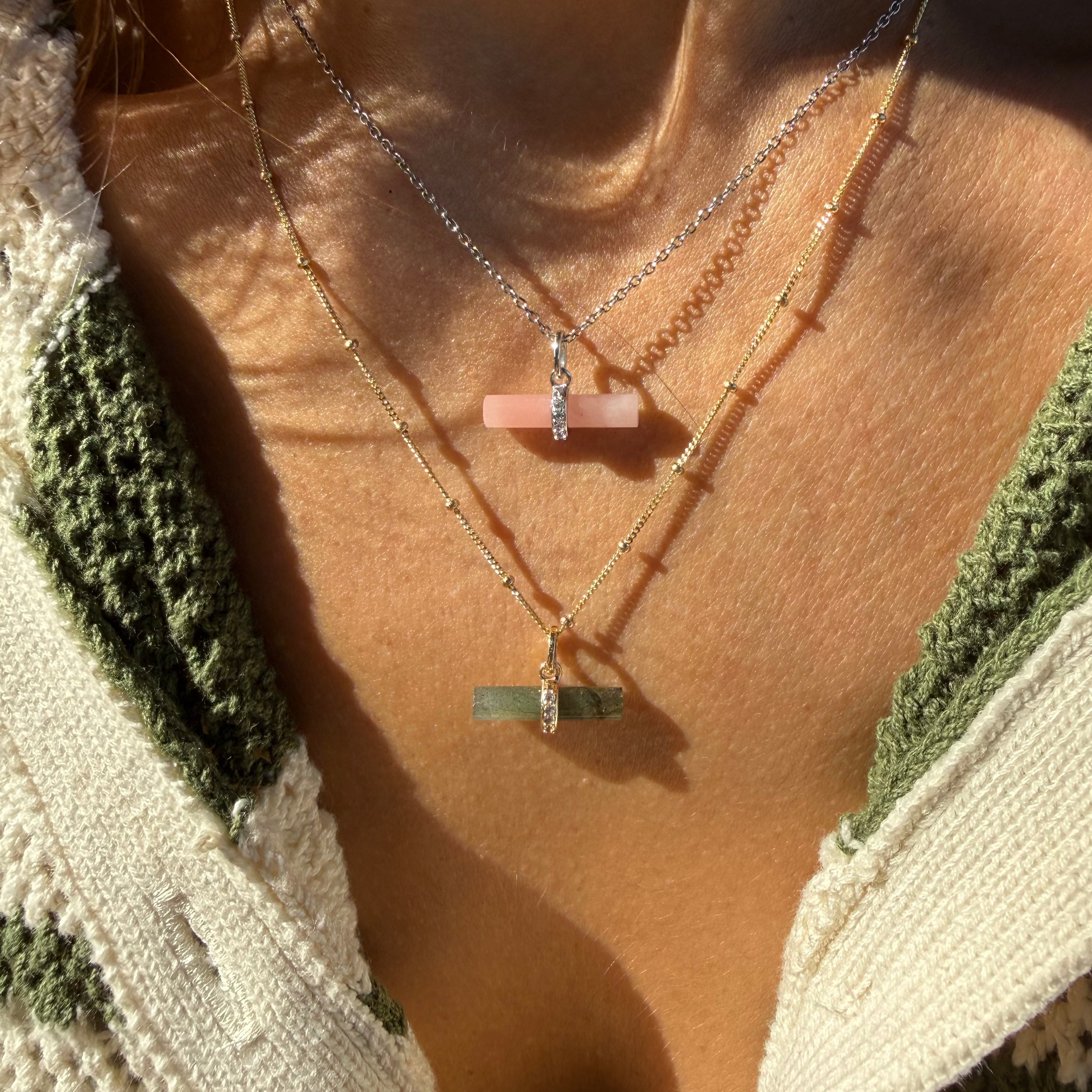 model wearing Labradorite T-Bar Pendant 9k Gold and guava quartz necklace