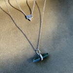 Labradorite T-Bar Pendant Sterling Silver and Labradorite & white sapphire necklace on soft fabric
