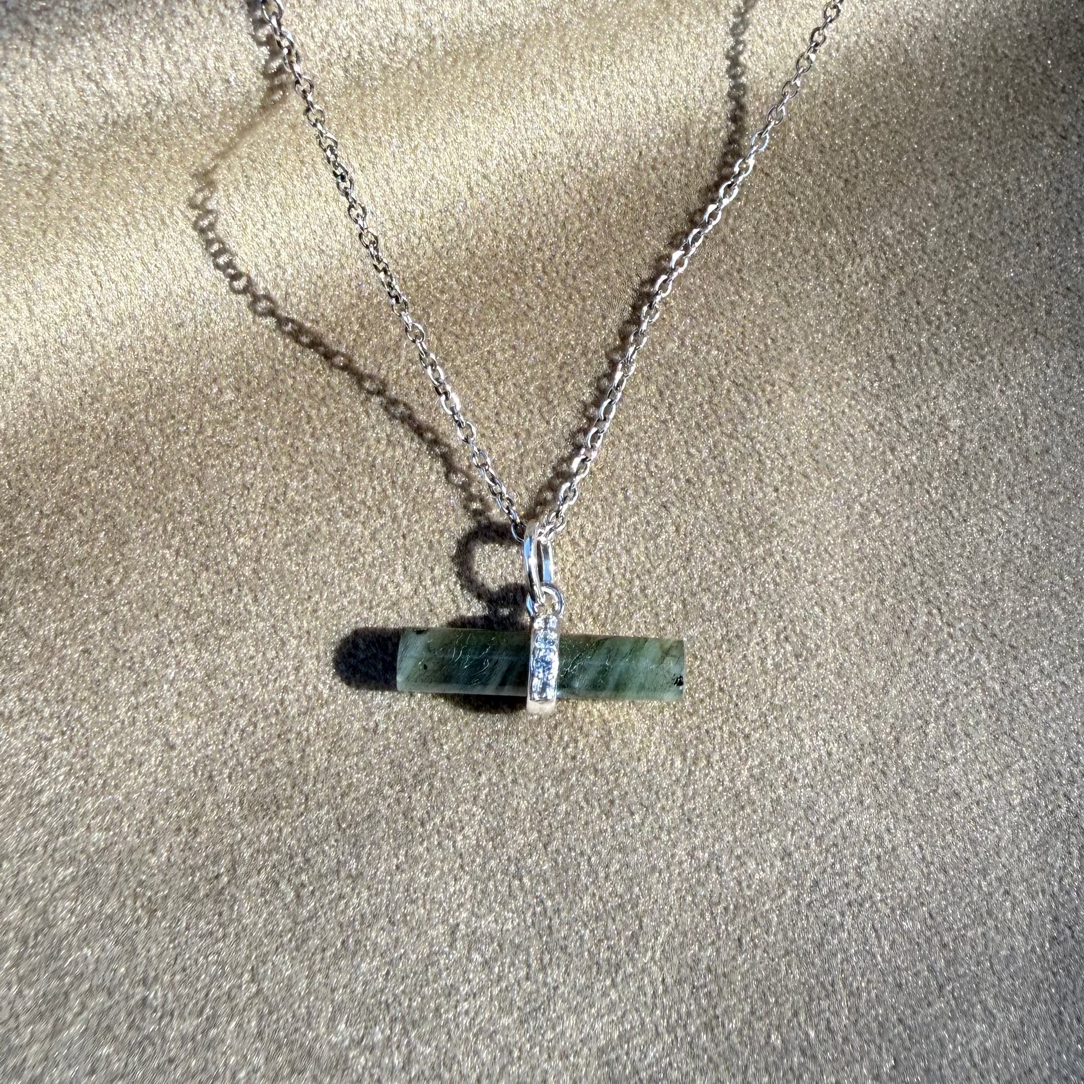 Labradorite T-Bar Pendant Sterling Silver on soft fabric