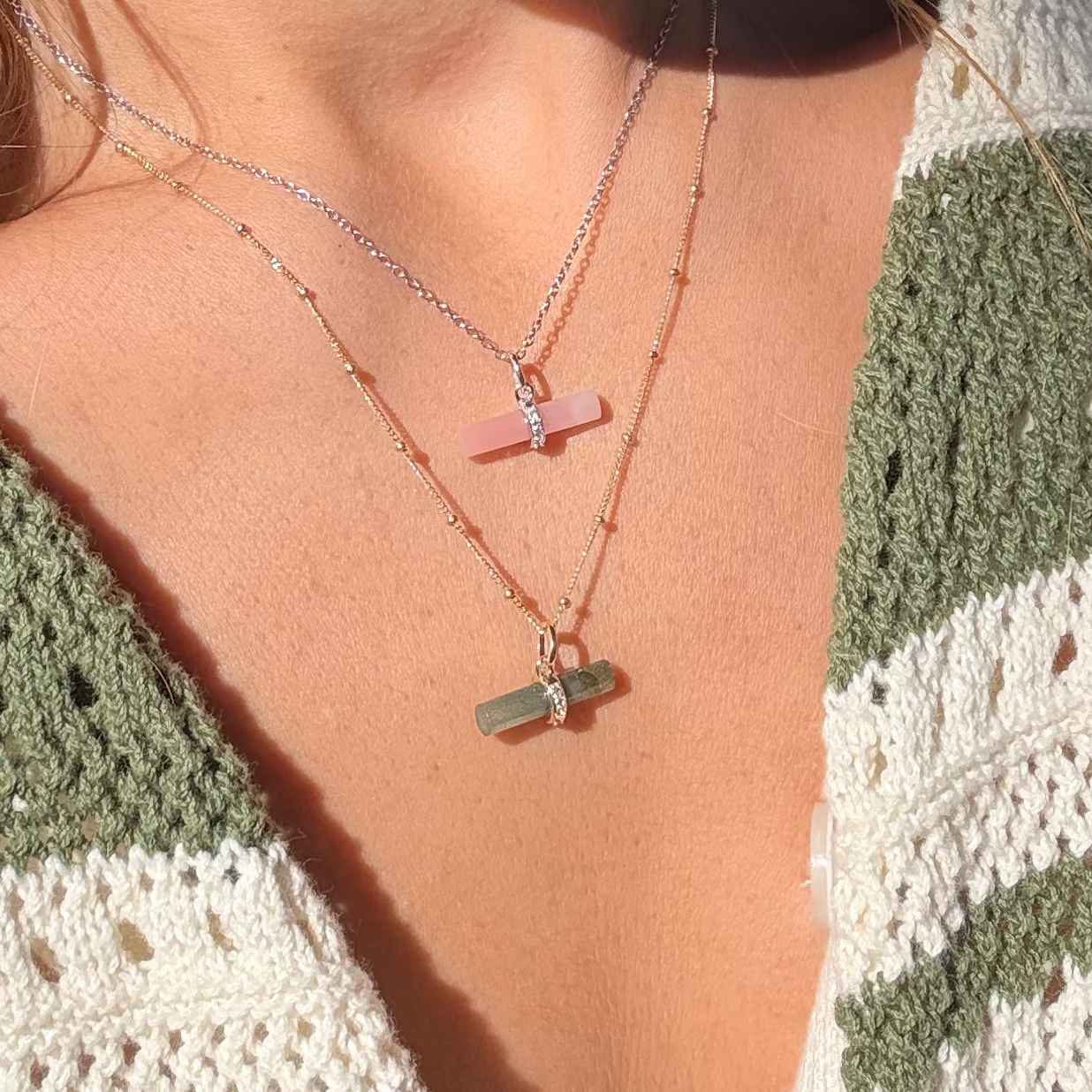 model wearing Labradorite T-Bar Pendant 9k Gold and guava quartz necklace