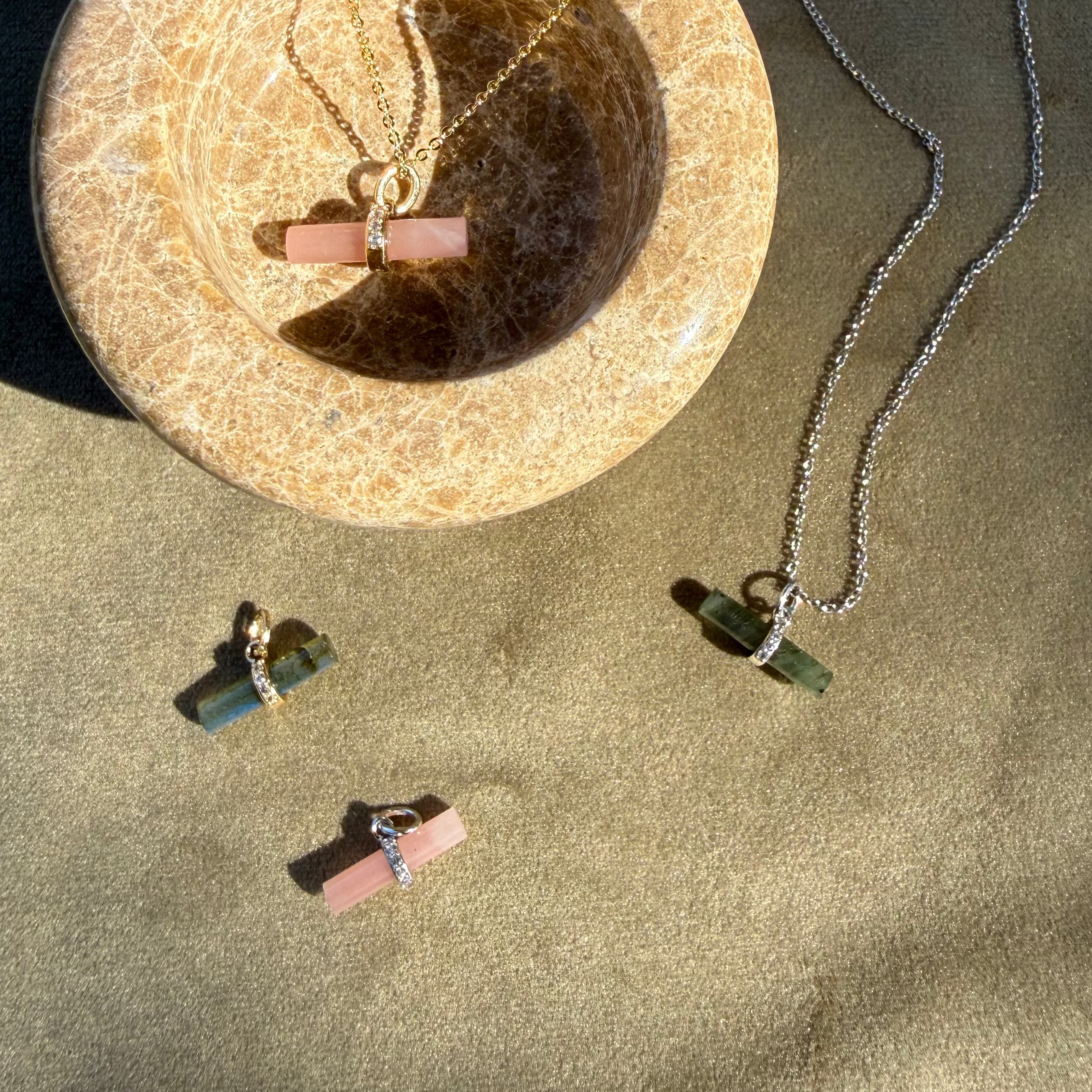 Labradorite T-Bar Pendant Sterling Silver  displayed along with guava quartz pendant and charm