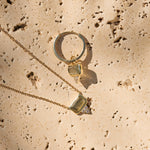 Labradorite & White Sapphire Necklace 9k Gold on hard surface with matching hoop earring