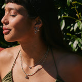 model wearing the Labradorite & White Sapphire Necklace Sterling Silver and beaded necklace and lotus flower pendant
