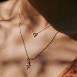 model wearing Labradorite & White Sapphire Necklace 9k Gold and snake necklace