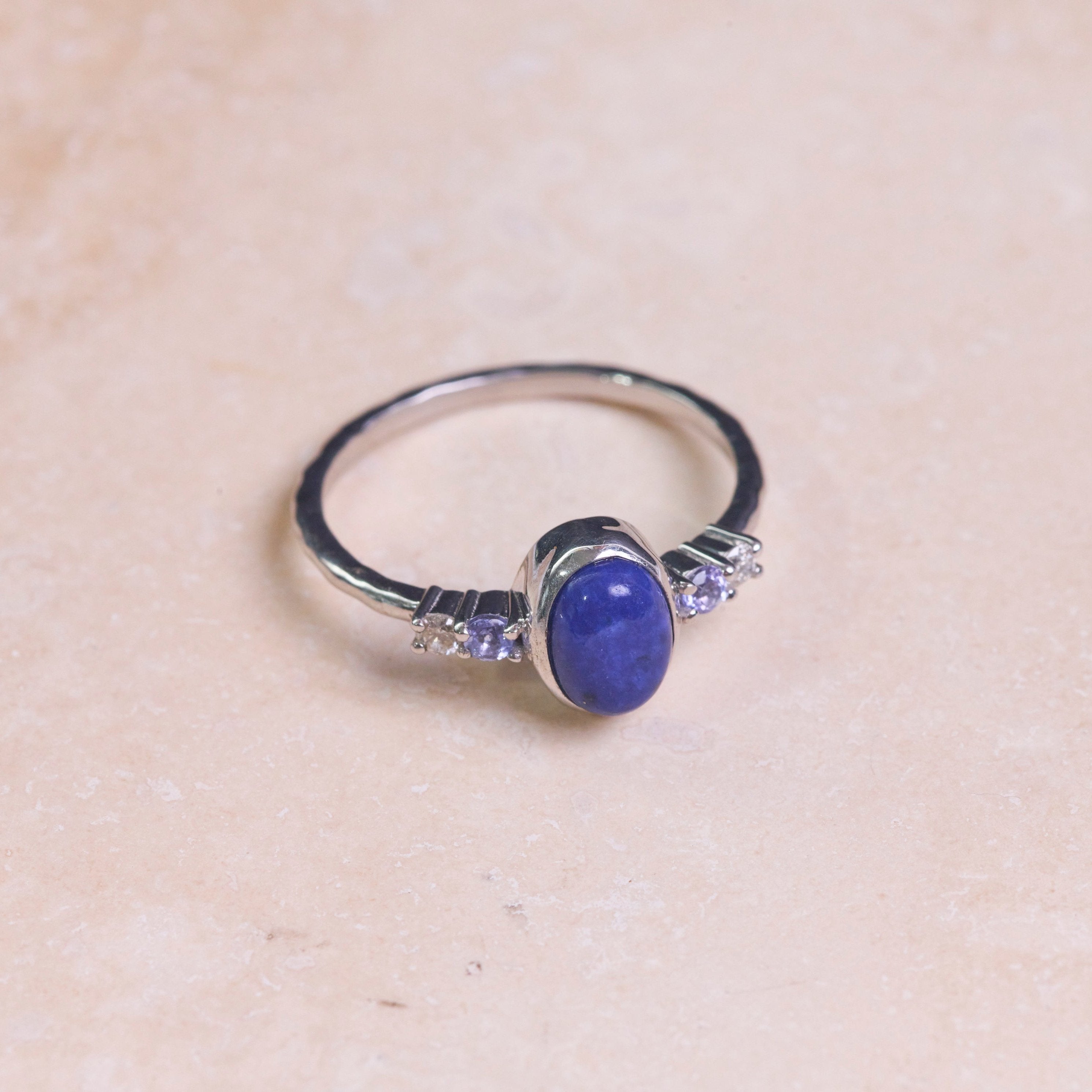 Lapis, Tanzanite & White Sapphire Ring Sterling Silver on hard surface
