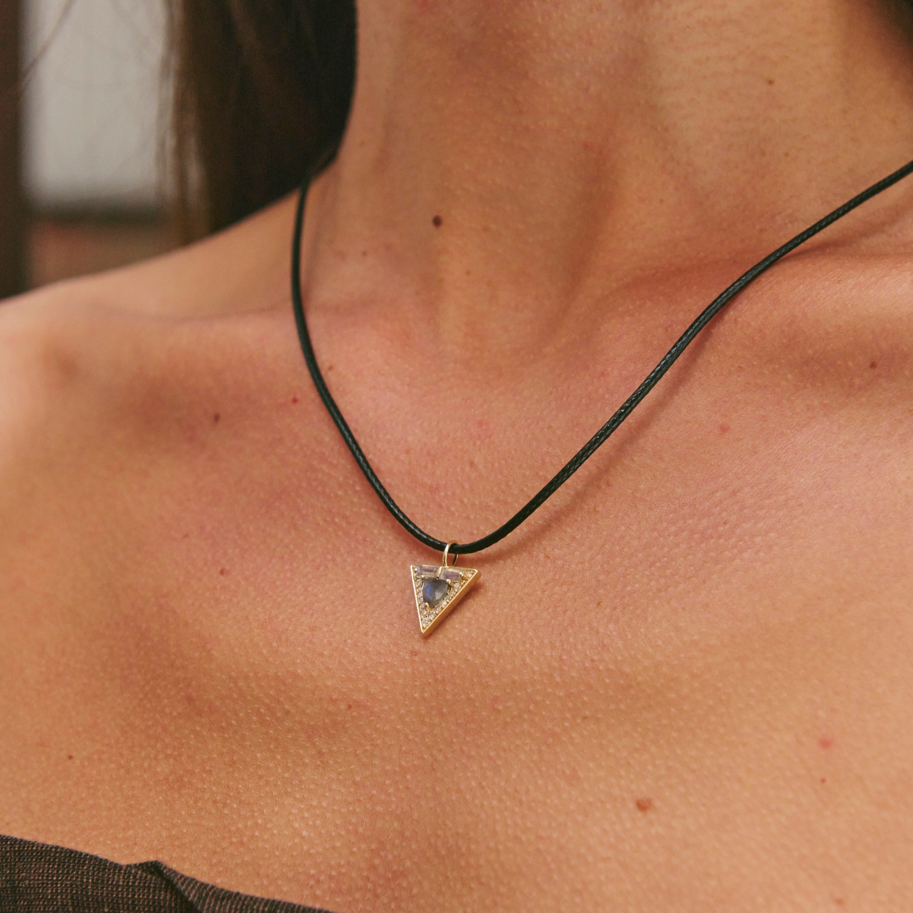 image of leather cord necklace with a triangle pendant