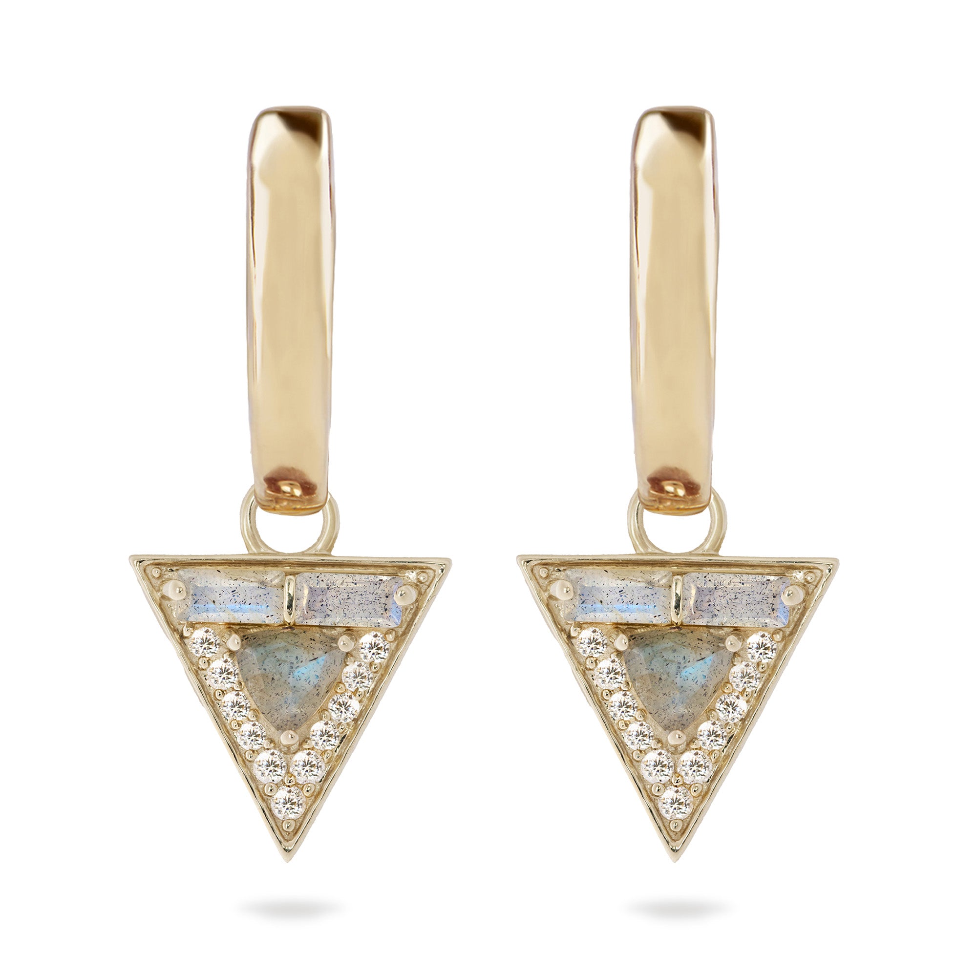Gold triangle-shaped earrings with gemstones on a white background