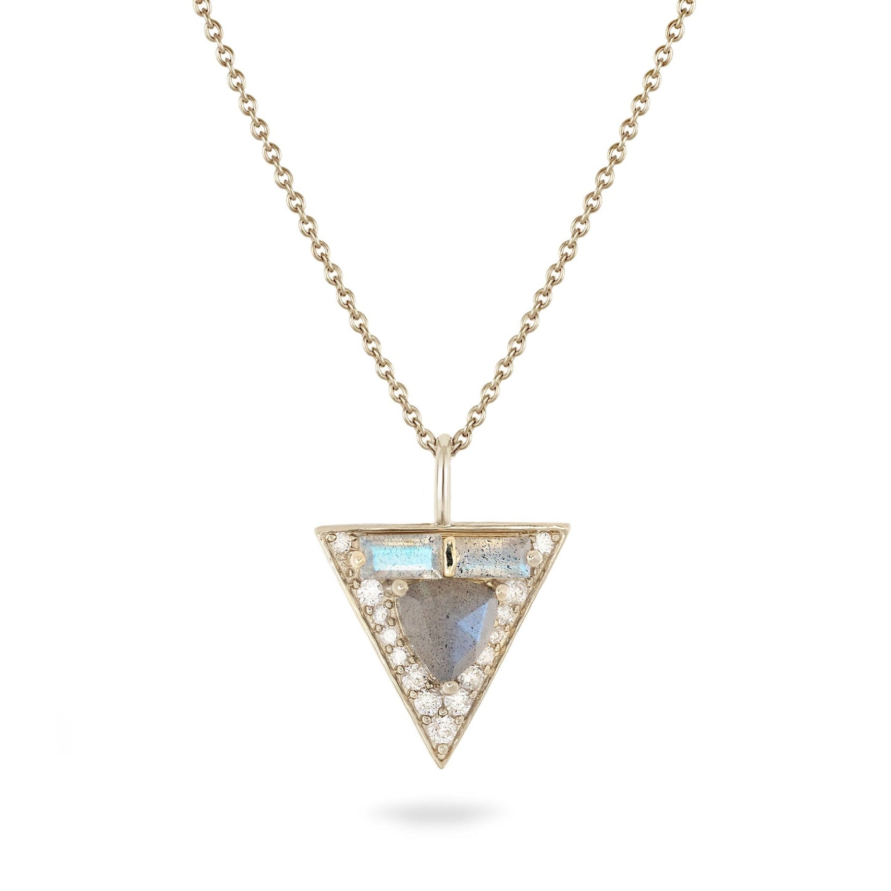 Triangle-shaped pendant necklace with gemstones on a white background