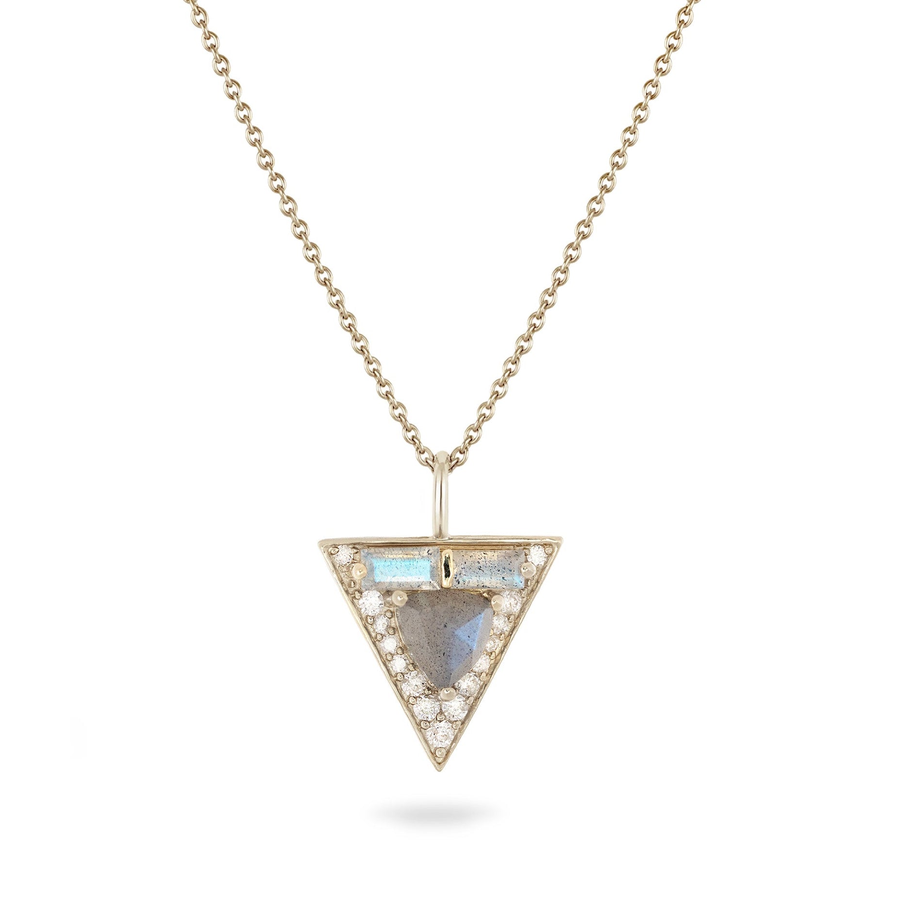 Triangle-shaped pendant necklace with gemstones on a white background