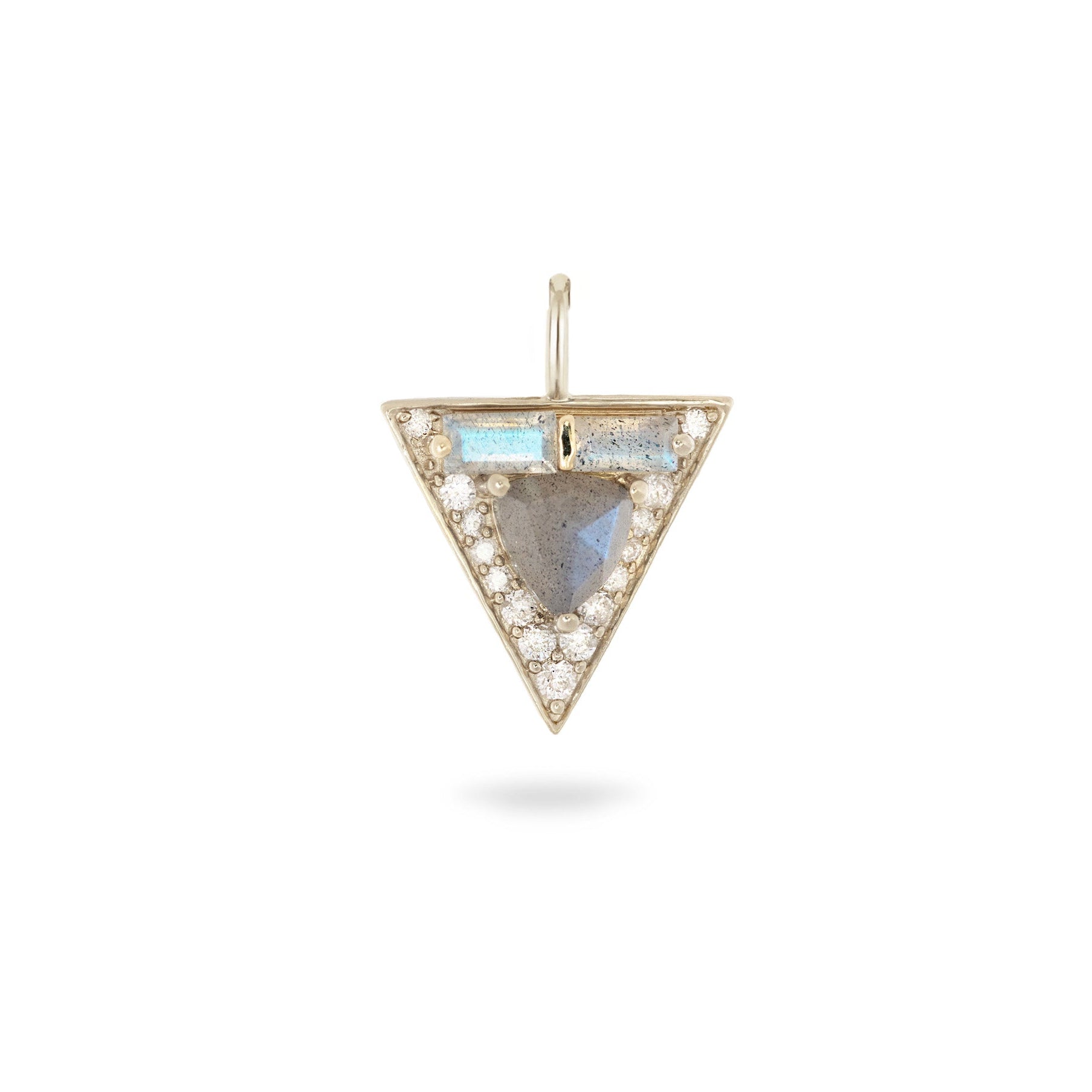 Triangular pendant with central gemstone and diamond-like stones on a white background
