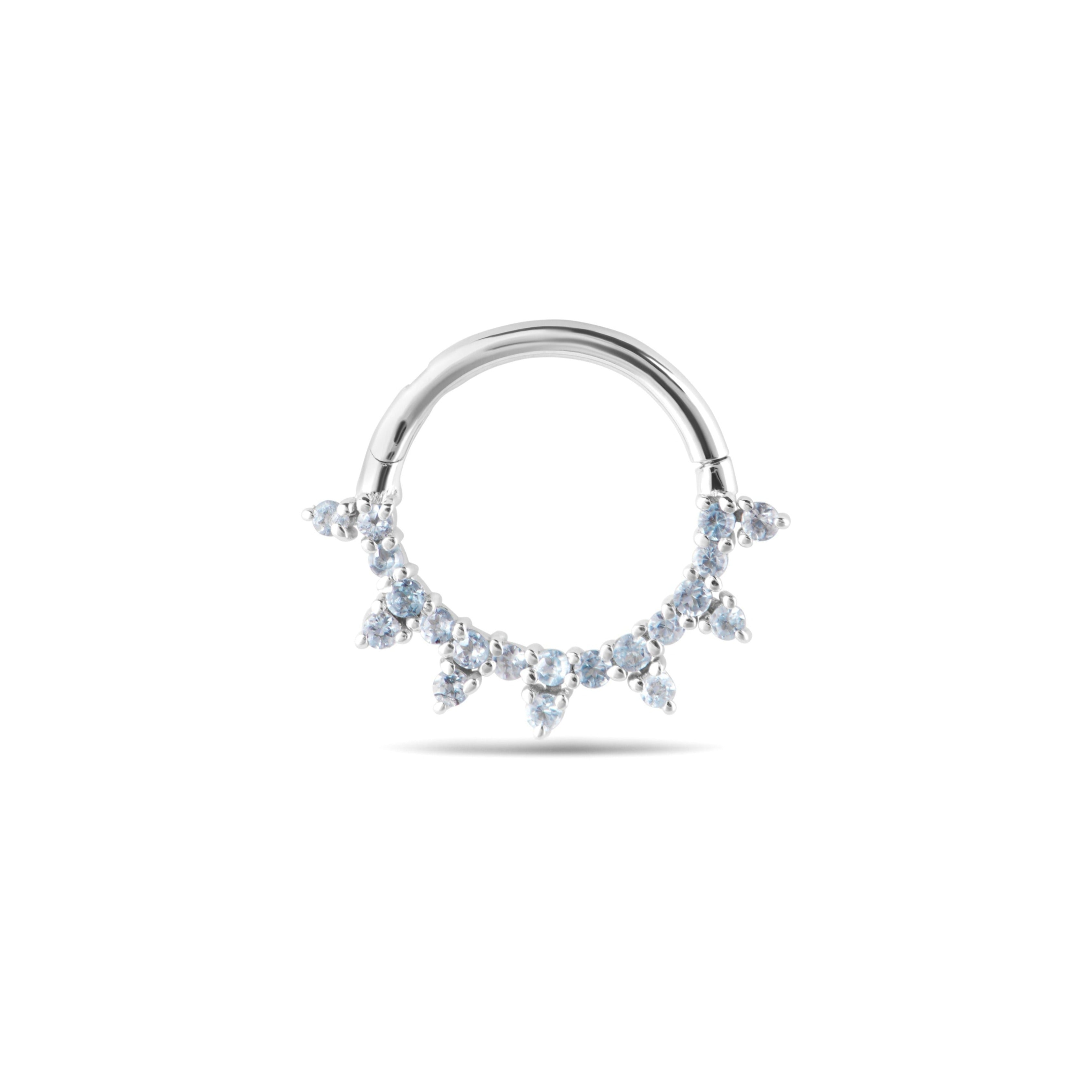 London Blue Topaz Sunburst Daith Earring 9k White Gold on white background