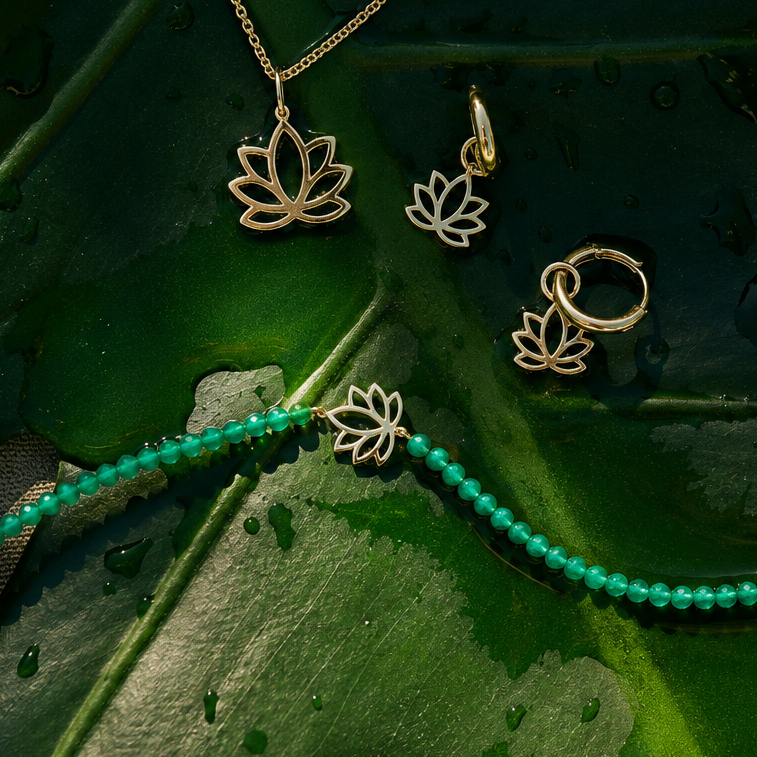 Lotus Flower Beaded Bracelet 9k Gold and matching necklace and hoop earrings