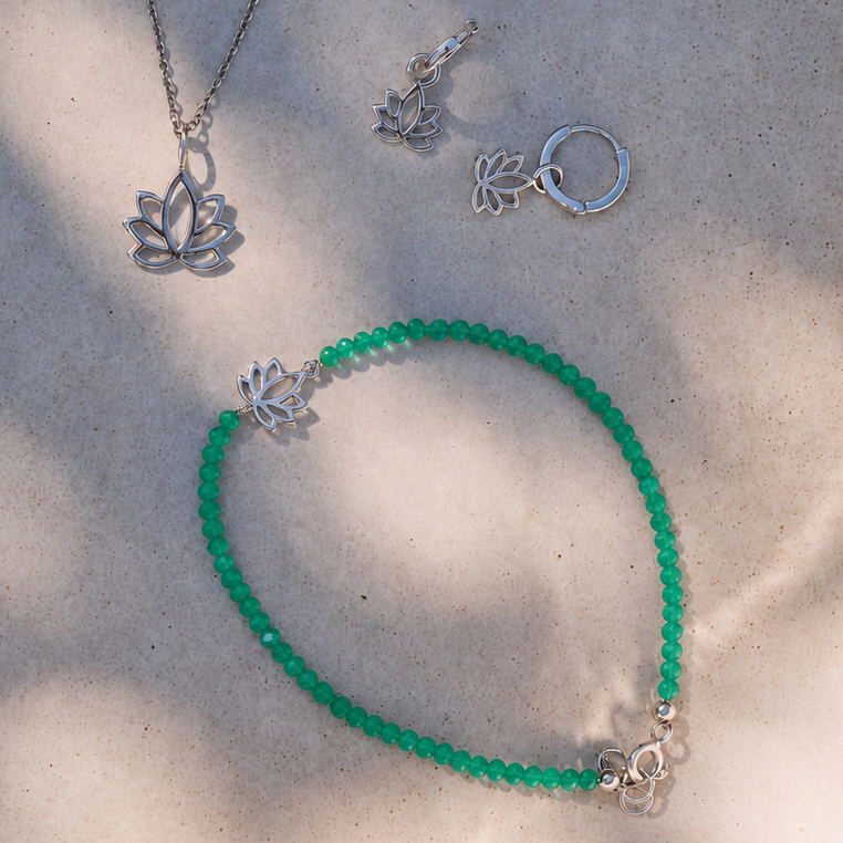 Lotus Flower Beaded Bracelet Sterling Silver and matching pendant and hoop earrrings
