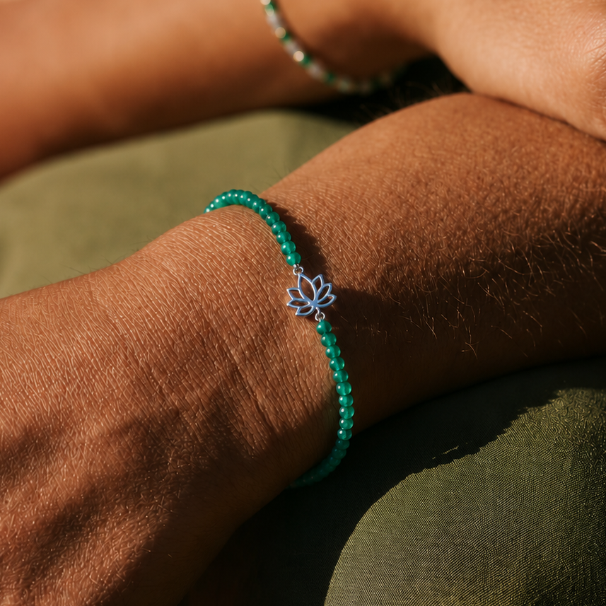 model wearing the Lotus Flower Beaded Bracelet Sterling Silver
