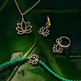 Lotus Flower Earring Charm 9k Gold displayed with the matching pendant, bracelet and hoops