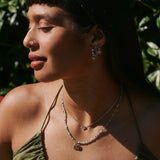 model wearing the Lotus Flower Pendant Sterling Silver with the beaded necklace in silver