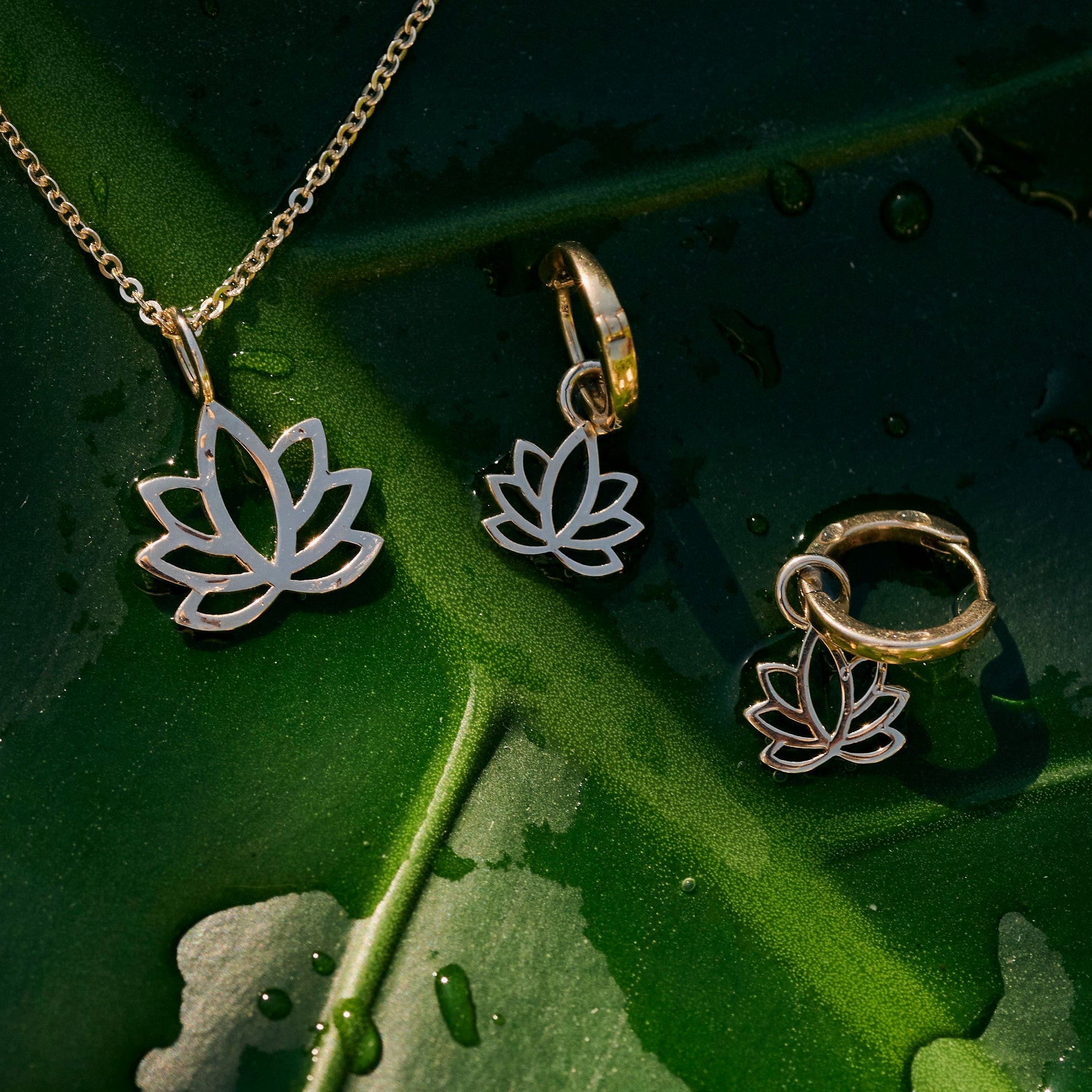 Lotus Flower Pendant 9k Gold and matching hoop earrings