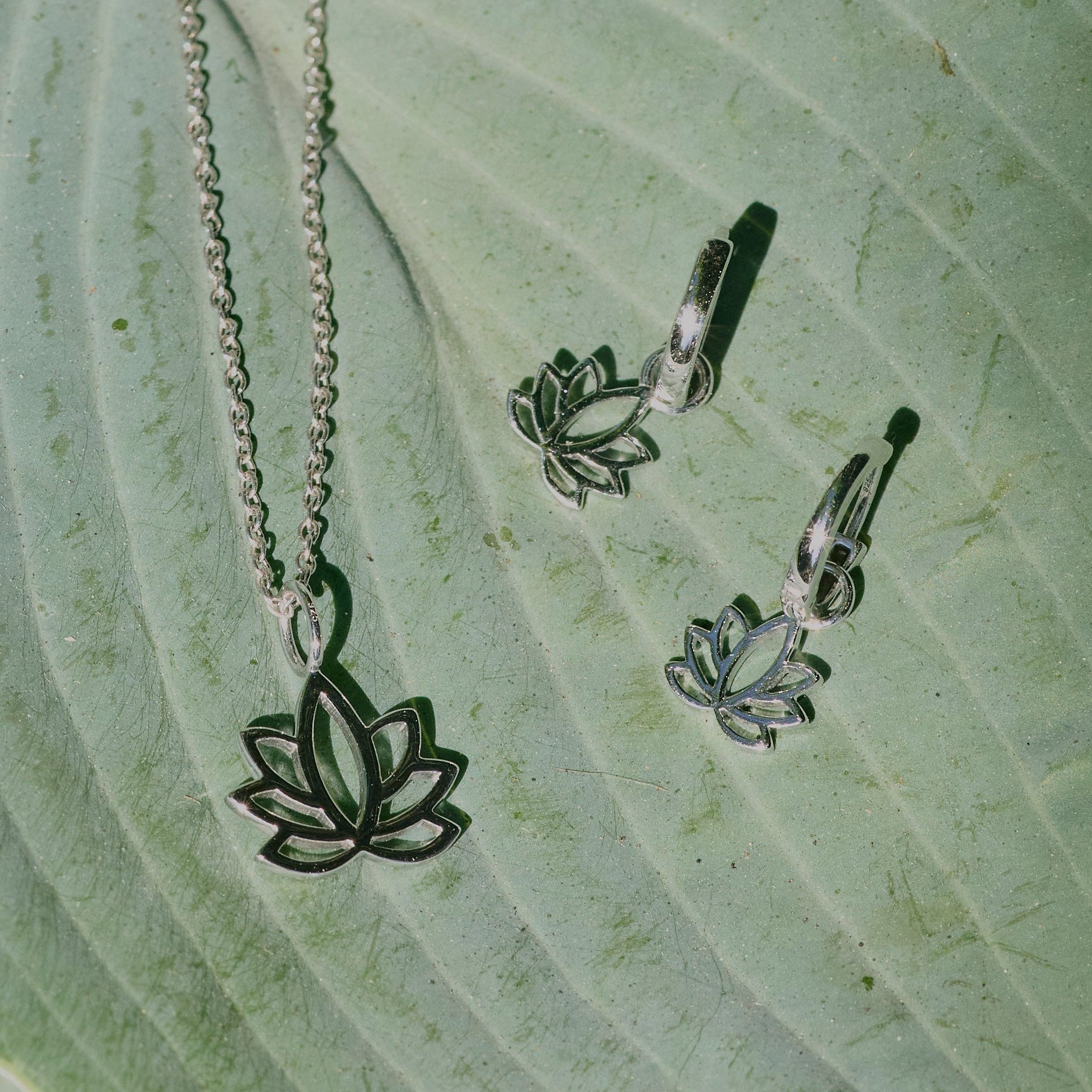 Lotus Flower Pendant Sterling Silver and matching hoop earrings
