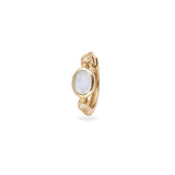 Gold earring with a white gemstone on a white background