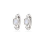 Pair of silver hoop earrings with moonstone stones on a white background