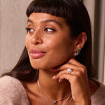 model wearing sterling silver earring stack including the Moonstone & White Sapphire Sunburst Earring Charm Sterling Silver