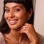 model wearing sterling silver jewellery including the Moonstone & White Sapphire Sunburst Earring Charm Sterling Silver