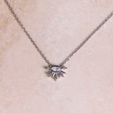 Moonstone & White Sapphire Sunburst Necklace Sterling Silver on hard surface