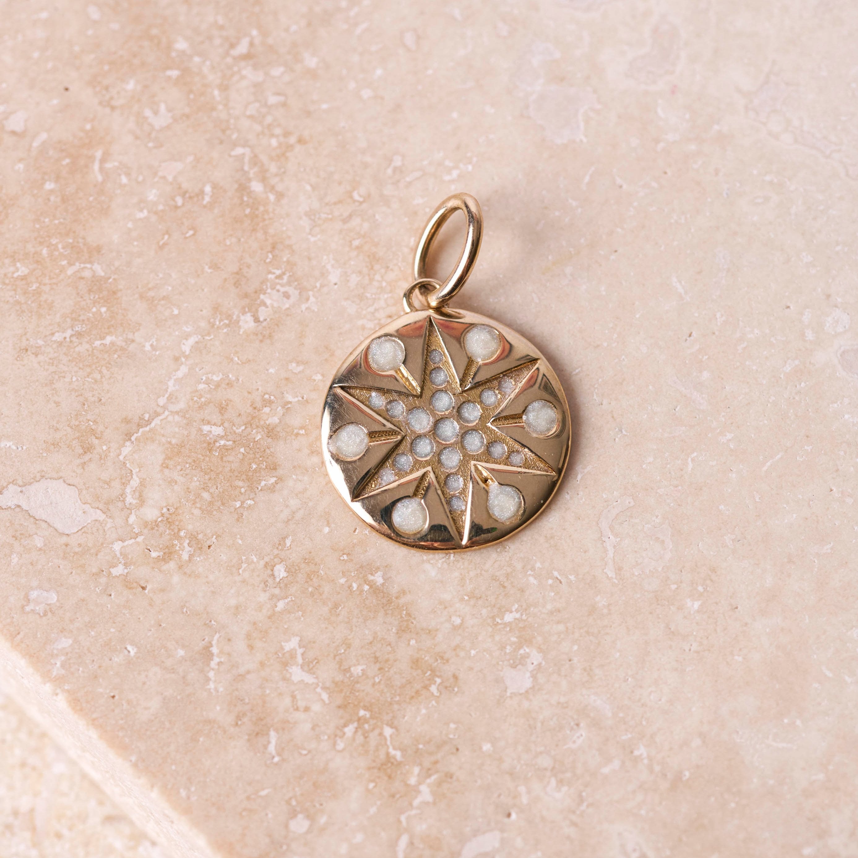 White Enamel Star Coin Pendant 9k Gold Sample