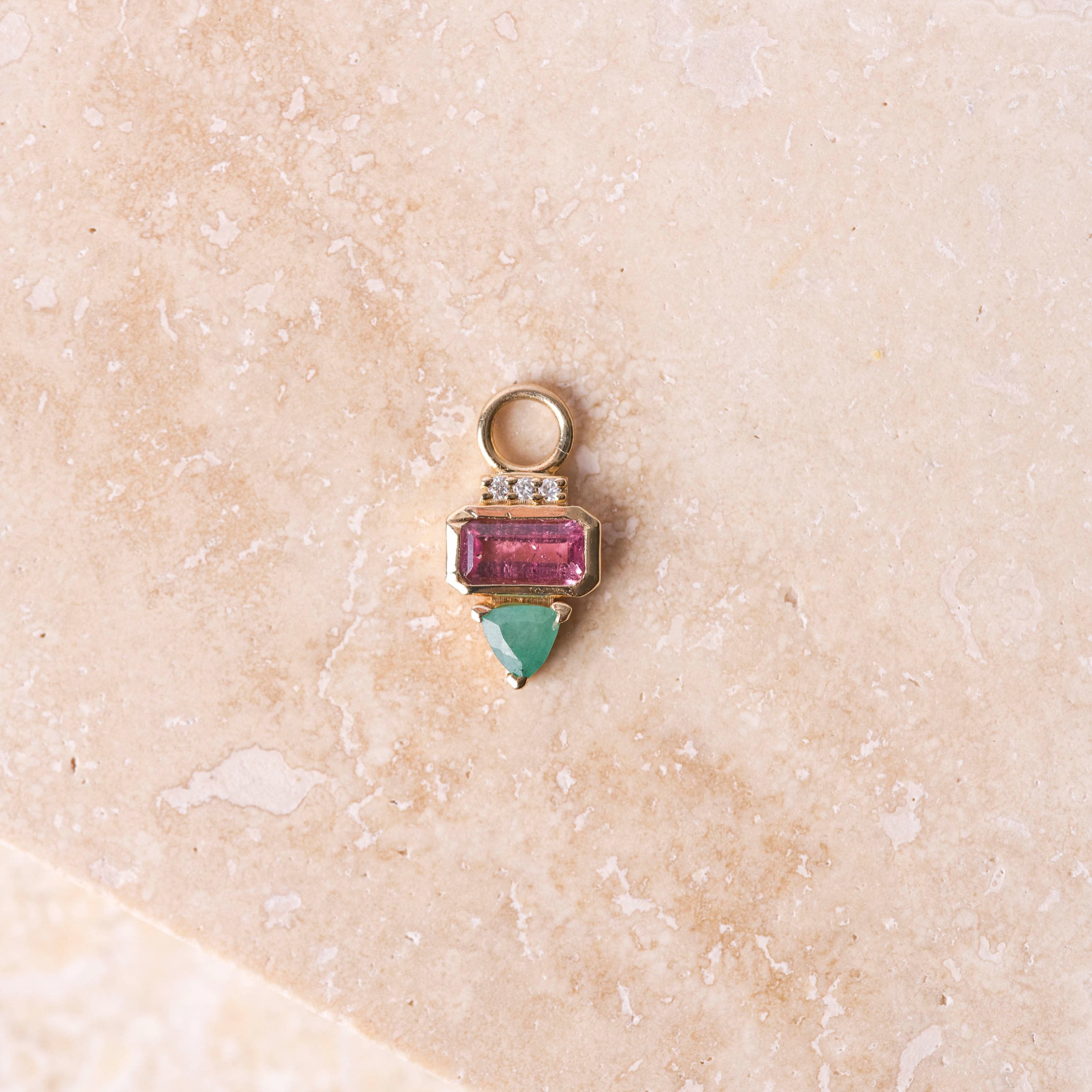 Pink Tourmaline, Diamond & Emerald Earring Charm 9k Gold Sample