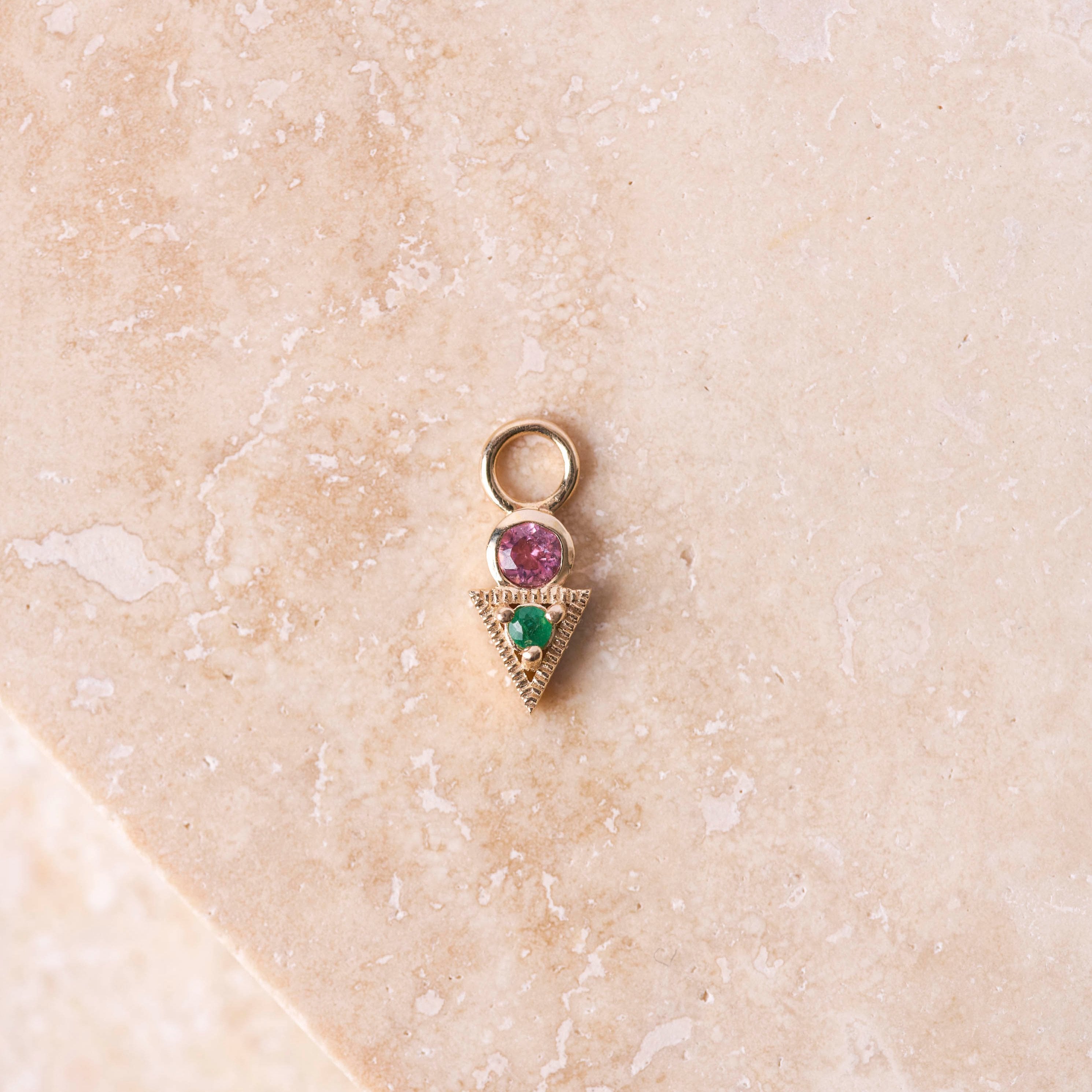 Emerald & Pink Tourmaline Geo Earring Charm 9k Gold Sample