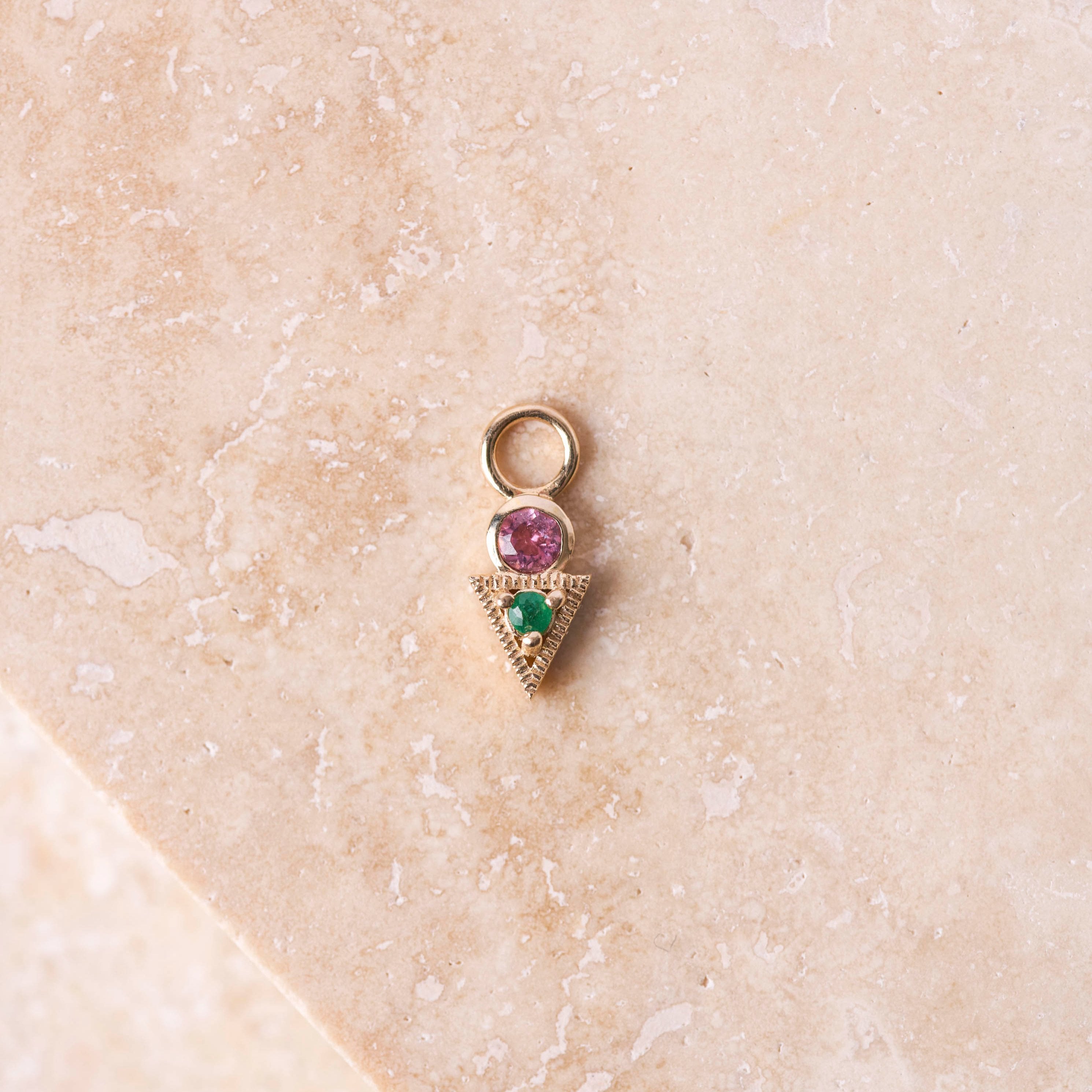 Emerald & Pink Tourmaline Geo Earring Charm 9k Gold Sample