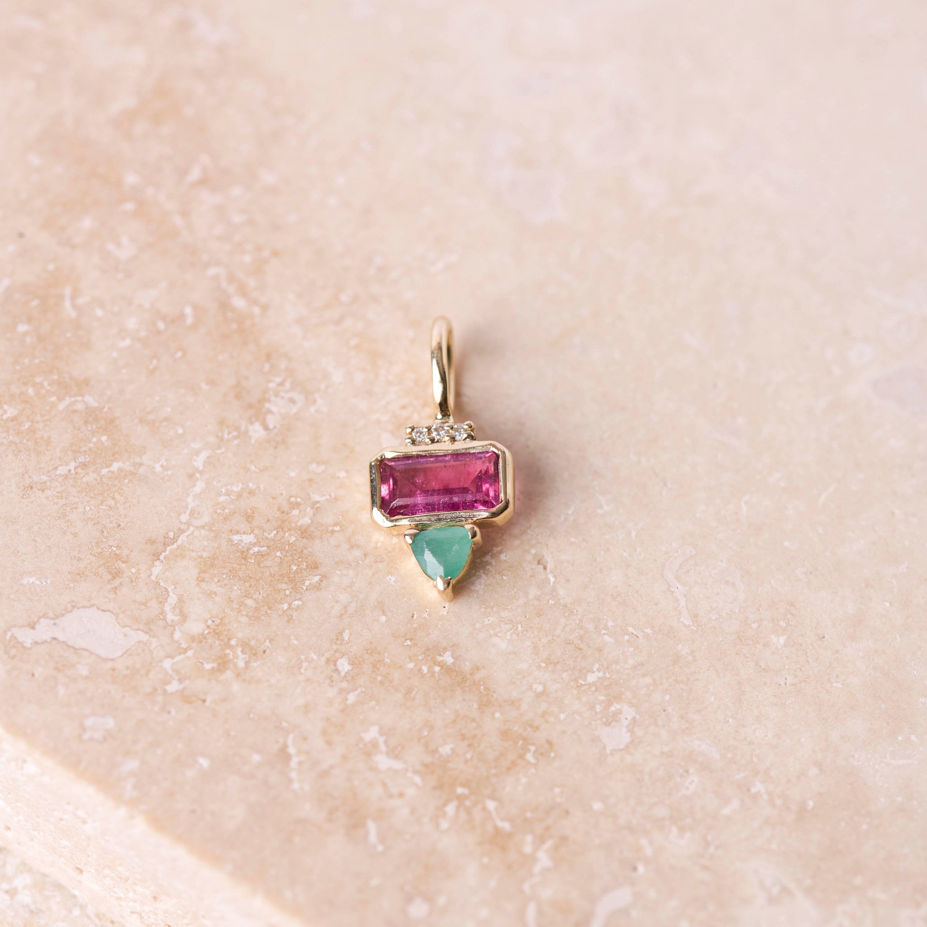 Pink Tourmaline, Emerald & Diamond Pendant 9k Gold Sample