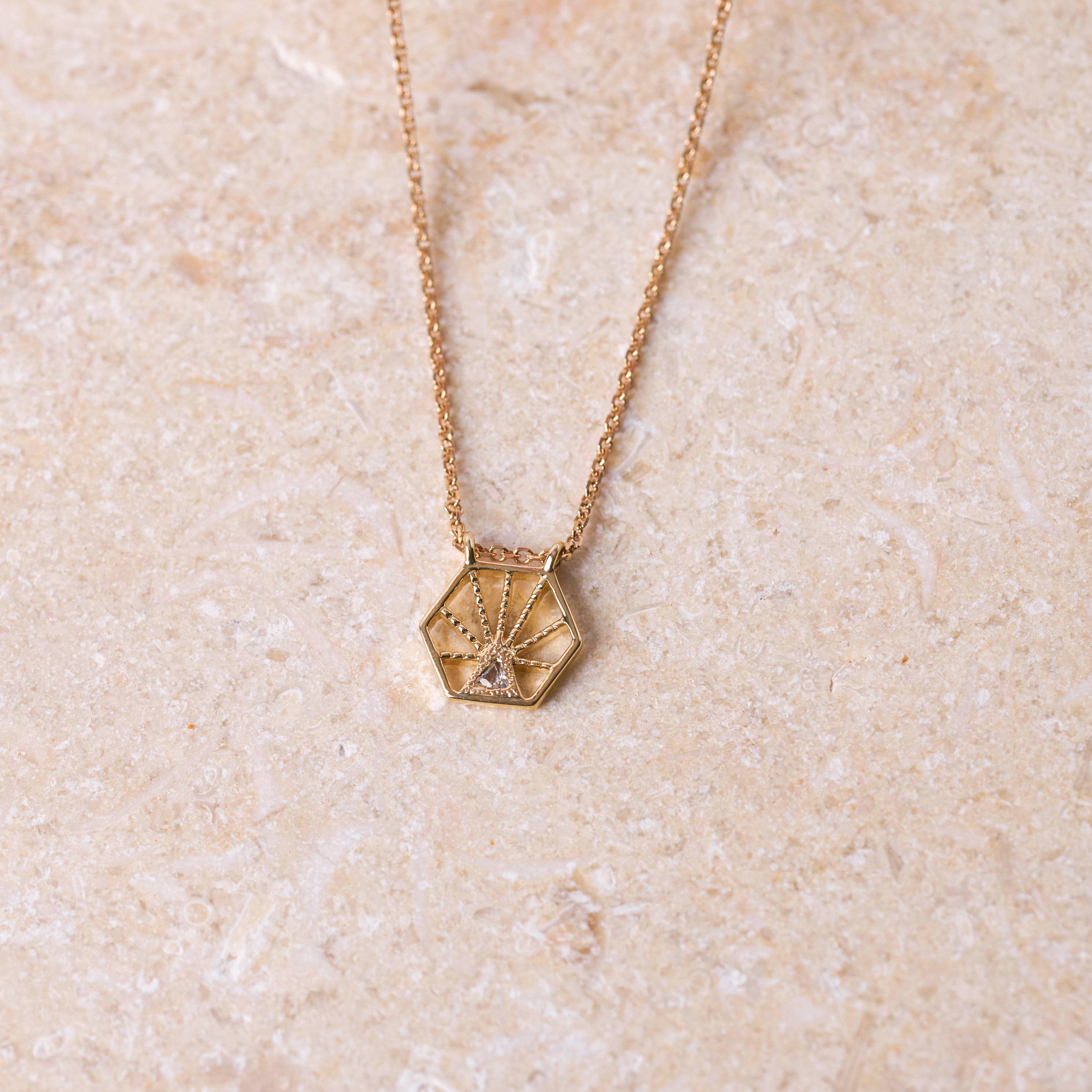 White Topaz Hexagon Necklace 9k Gold Sample