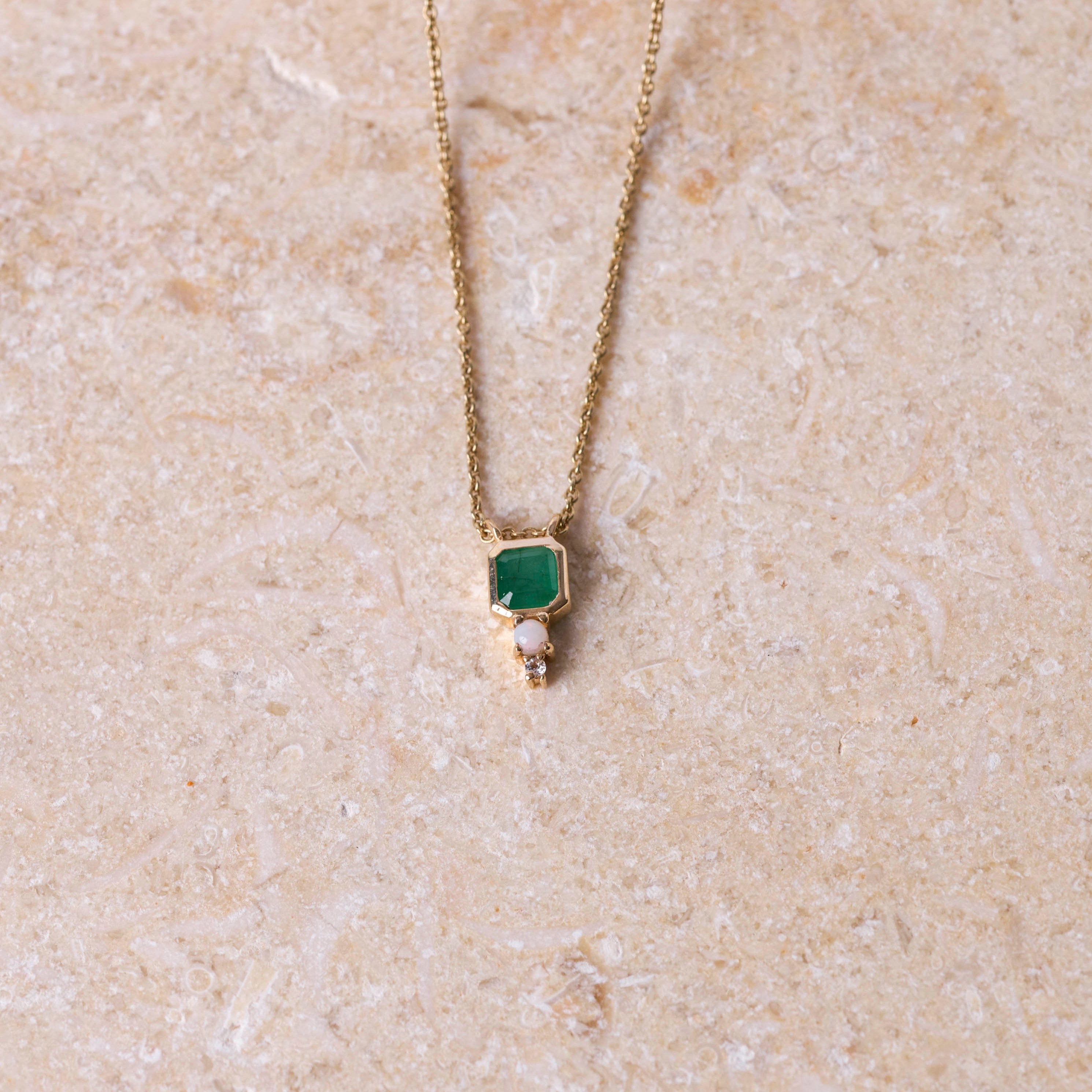 Emerald , Opal & Diamond Necklace 9k Gold Sample