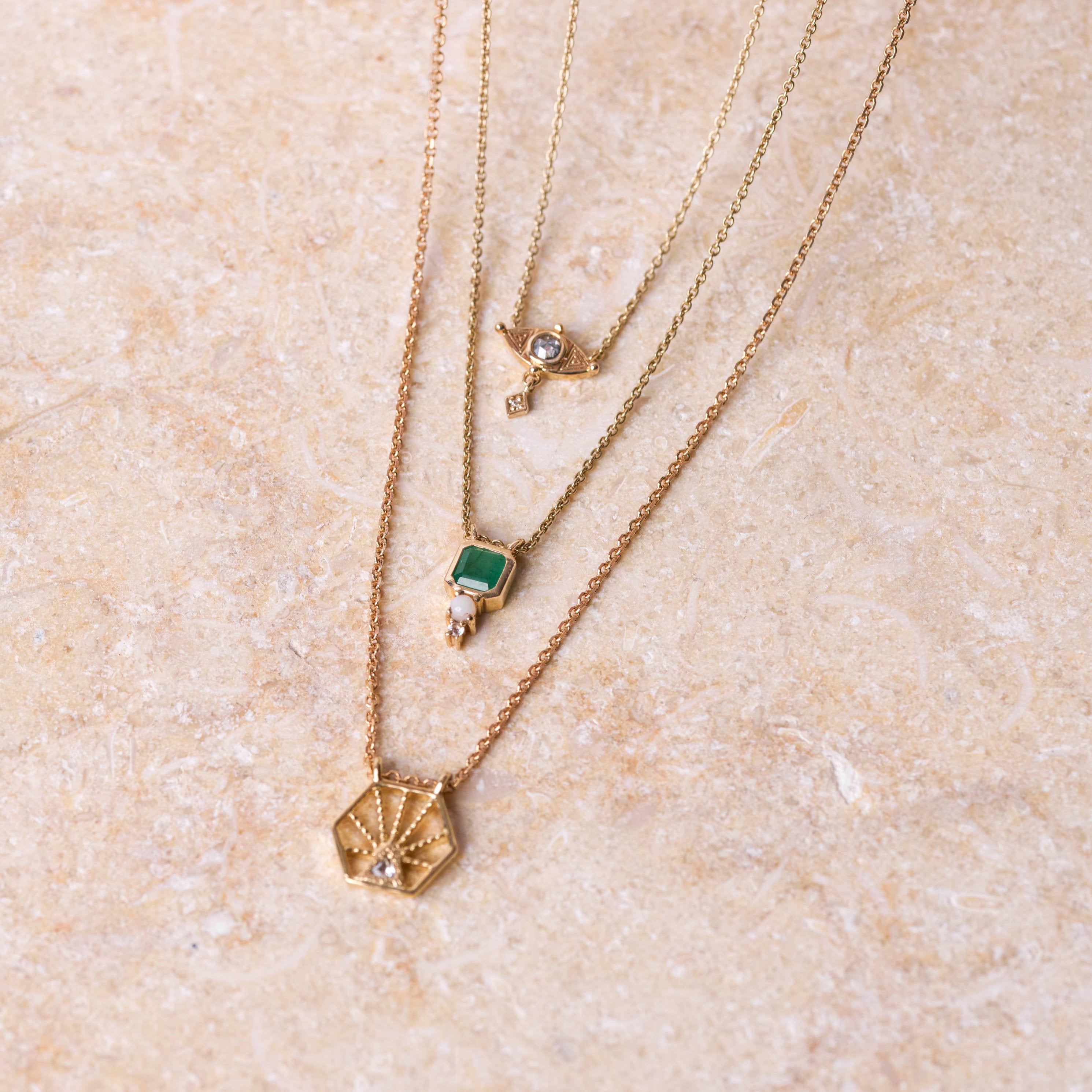 Emerald , Opal & Diamond Necklace 9k Gold Sample