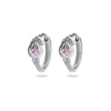 Silver hoop earrings with purple gemstones on a white background