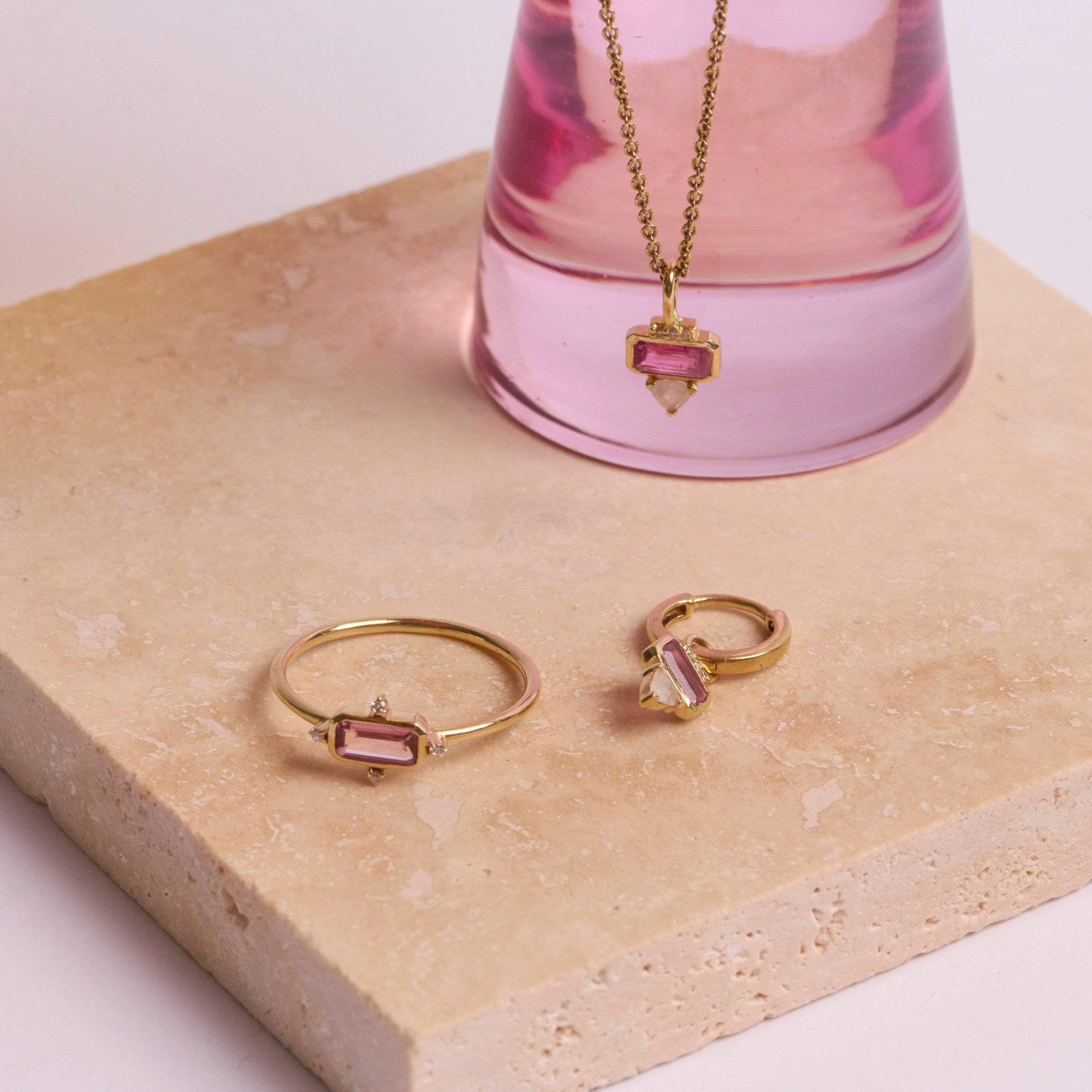 pink tourmaline and diamond jewellery set including the Pink Tourmaline & Diamond Ring 9k Gold 