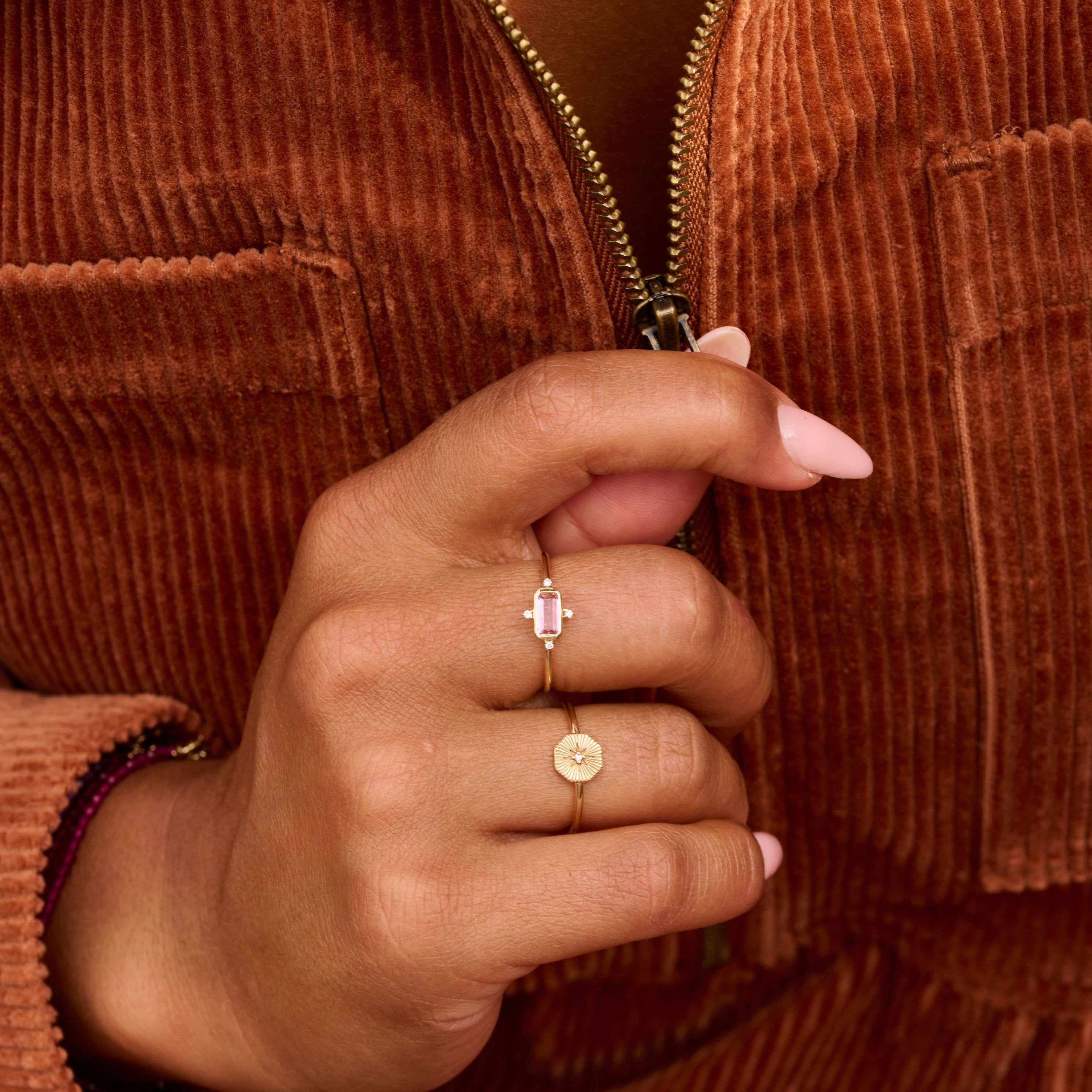 model hand showing the Pink Tourmaline & Diamond Ring 9k Gold along with the Diamond Octagon Ring 9k Gold 